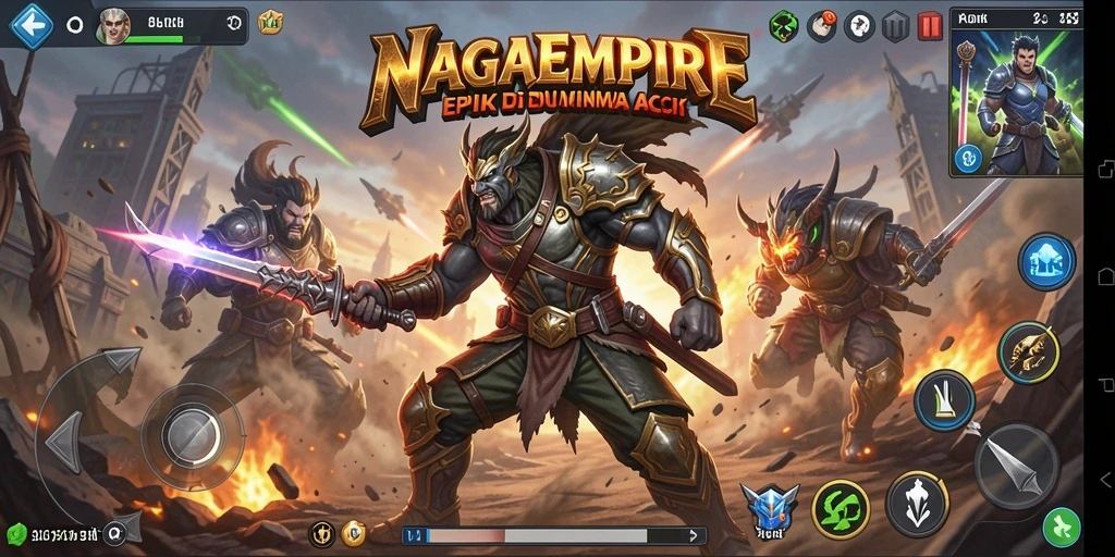 Screenshot NAGAEMPIRE menampilkan aksi pertempuran intens.